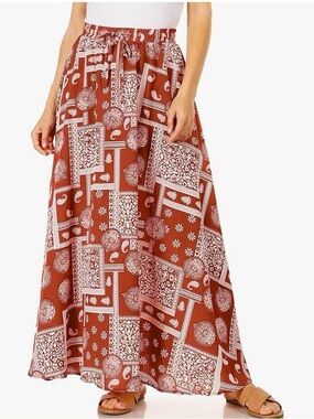 Simlu Boho Rust Patchwork Maxi Skirt with Elastic Waist